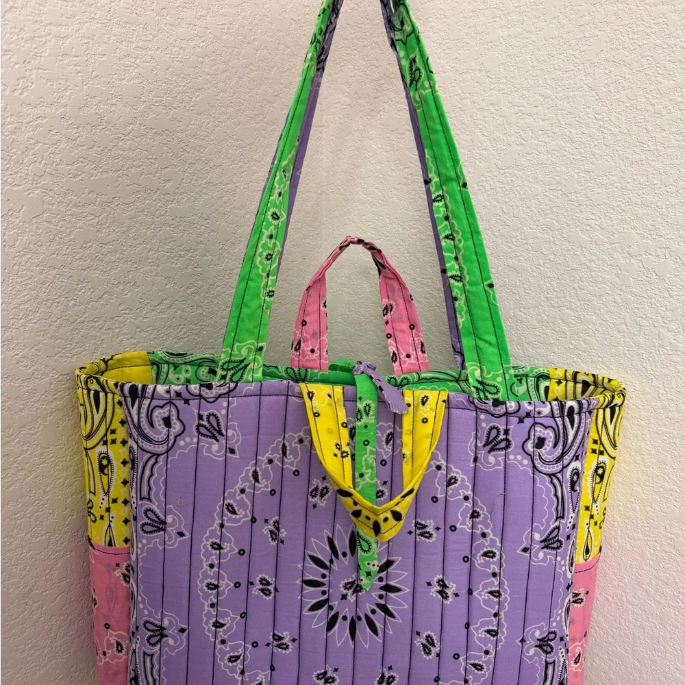 Colorblock Bandana Quilted Tote Bag - Green/Purple/Pink/Yellow